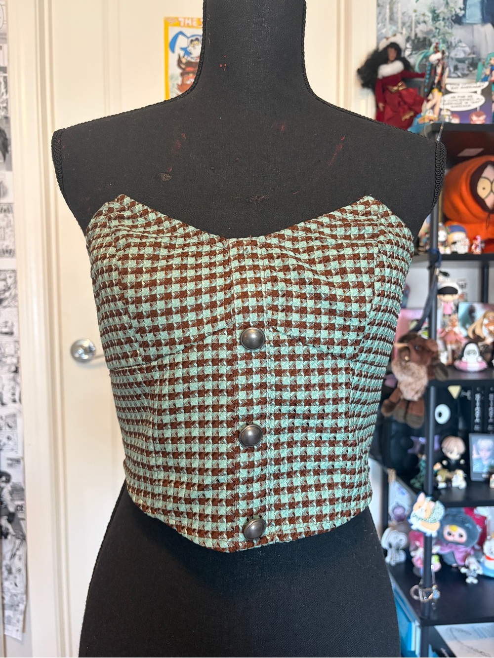 Cider Brown and Mint Houndstooth Button-Front Crop Top